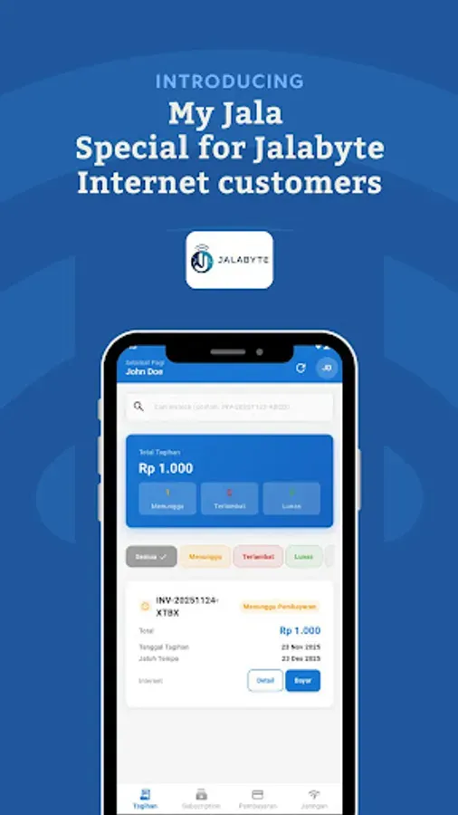 Beranda My Jala menampilkan total tagihan dan menu utama