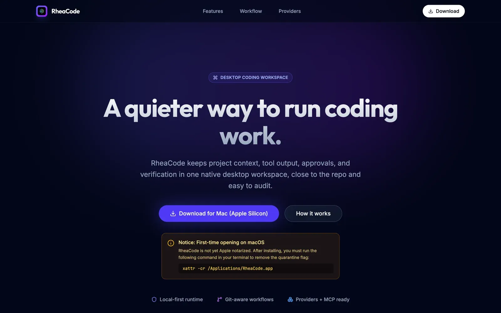 Halaman utama RheaCode dengan judul "A quieter way to run coding work."